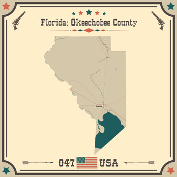 Large and accurate map of Okeechobee County, Florida, USA with vintage colors.