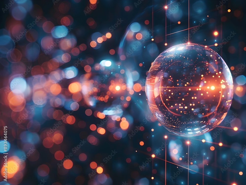 Poster cyber network with floating data spheres and holographic displays in futuristic cyber background