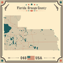Large and accurate map of Orange County, Florida, USA with vintage colors.