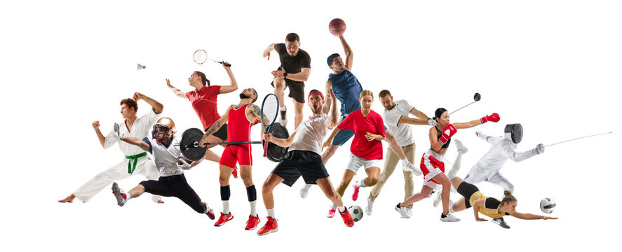 Creative collage depicting mix of men and women, athletes of various sports in motion, competing isolated on white background. Concept of professional sport, competition, tournament, achievements