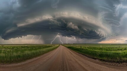 Dark storm clouds gather over a field of tall green grass with a flash of lightning in the distance