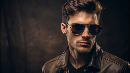 Fototapeta premium A confident man in sunglasses and a trendy shirt with a serious expression