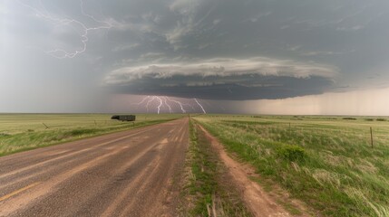 Fototapeta premium Dark storm clouds gather over a field of tall green grass with a flash of lightning in the distance