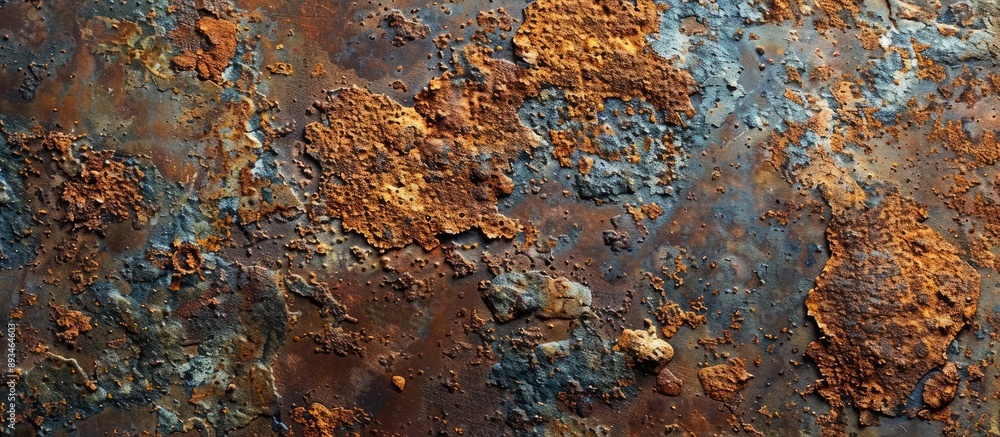 Poster Close-up of strong rust on a metal surface providing a textured background with ample copy space image, showcasing the decay and oxidation caused by a chemical reaction.