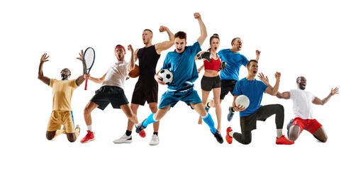 Champions. Creative collage of men and women, multiple athletes of different sports showing emotions of victory and success isolate don white background. Concept of sport, competition, tournament