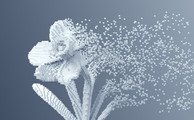 Voxel Art Narcissus Dissolution. 3D Illustration.