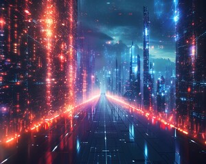 Fototapeta premium Futuristic Neon Lit Landscape with Cybernetic Textures and Glowing Pathways