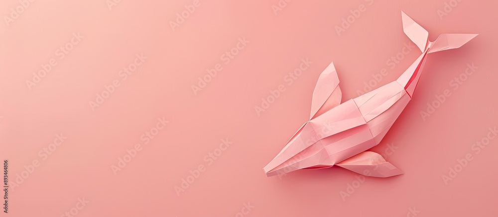 Poster pink background with a paper whale for a creative design with copy space image.