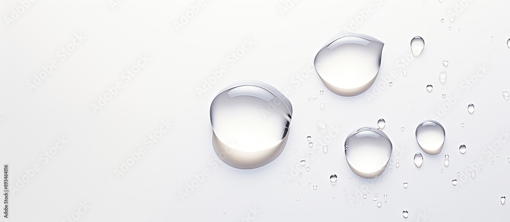 Poster close-up top view of a water drop on a white paper texture with selective focus, ideal for a moistur