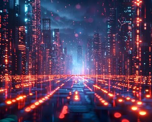 Futuristic Neon Cybernetic Landscape with Glowing Pathways and Cityscape