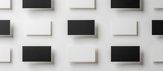 Flat lay mockup of blank black and white business cards on a light background with copy space image.