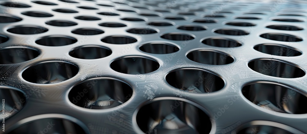 Poster convex metallic surface with circular lattice holes, providing texture for a copy space image.