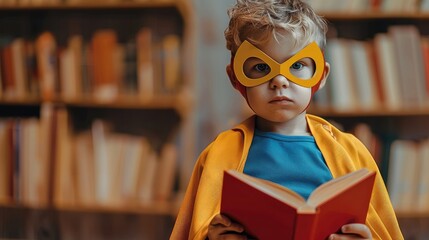 On an orange background, a cute little boy dressed as a superhero holds a book. Library Lovers Day. Generative AI.