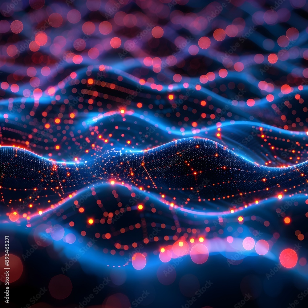 Poster futuristic cyber network with glowing data pathways and abstract particle swarm