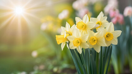 Fototapeta premium Beautifully composed minimalist image featuring vibrant yellow daffodil flowers in a soft, lush green garden background, evoking a cheerful springtime atmosphere. 