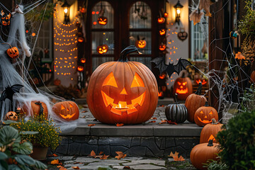 The yard of a house is decorated with pumpkins for the Halloween holiday, featuring cobwebs, bats, and a festive atmosphere. The scene captures the spooky and celebratory essence of Halloween, perfect