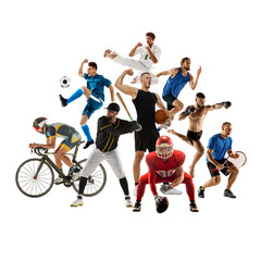 Collage with multiple male athletes of different sports showing skills and determination, in motion isolated on white background. Concept of professional sport, competition, tournament, achievements