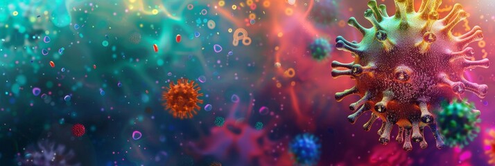 Colorful Viruses under microscope, Dangerous influenza or coronavirus cells for background