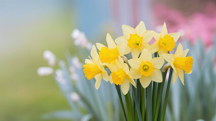 Beautifully composed minimalist image featuring vibrant yellow daffodil flowers in a soft, lush green garden background, evoking a cheerful springtime atmosphere. 