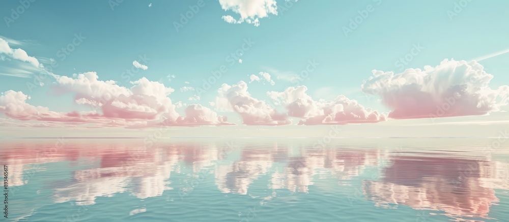 Poster Scenic view with a soft coral pink color palette reflected in the water under scattered cirrocumulus clouds, creating a serene ambiance for a copy space image.