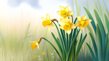 Beautifully composed minimalist image featuring vibrant yellow daffodil flowers in a soft, lush green garden background, evoking a cheerful springtime atmosphere. 