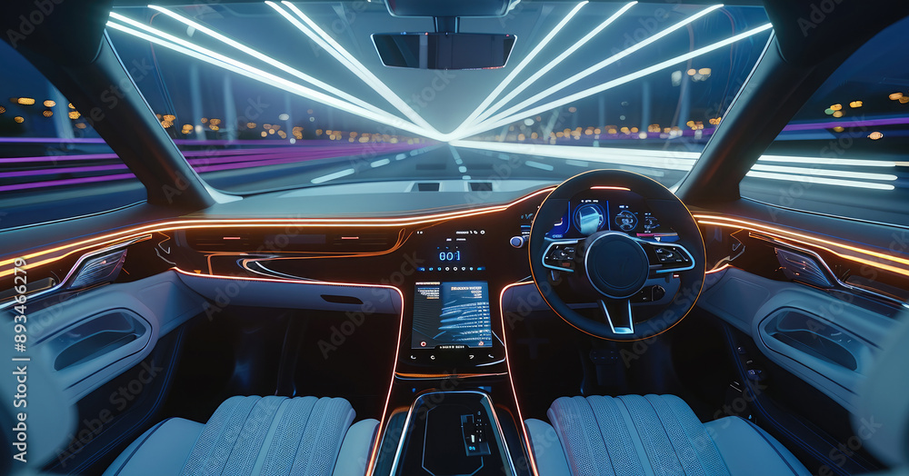 Poster A driver view of a high way in a future car, a digital screen to show route. Generative AI.