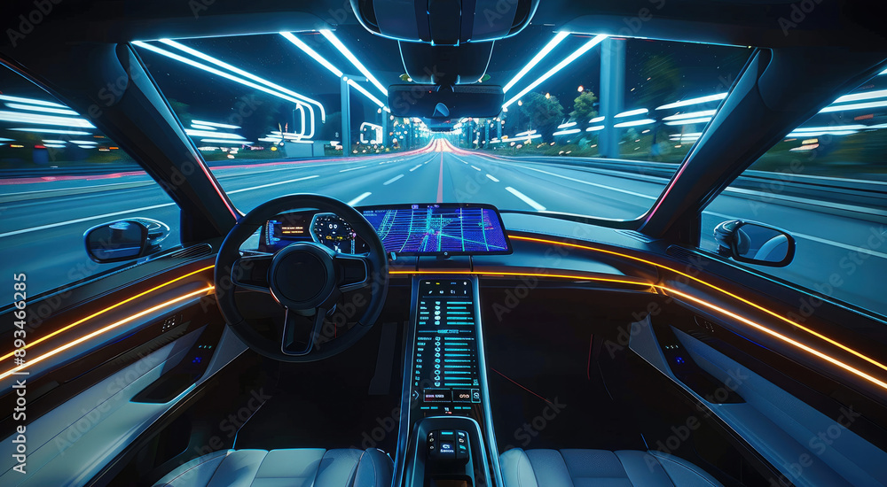 Poster a driver view of a high way in a future car, a digital screen to show route. generative ai.