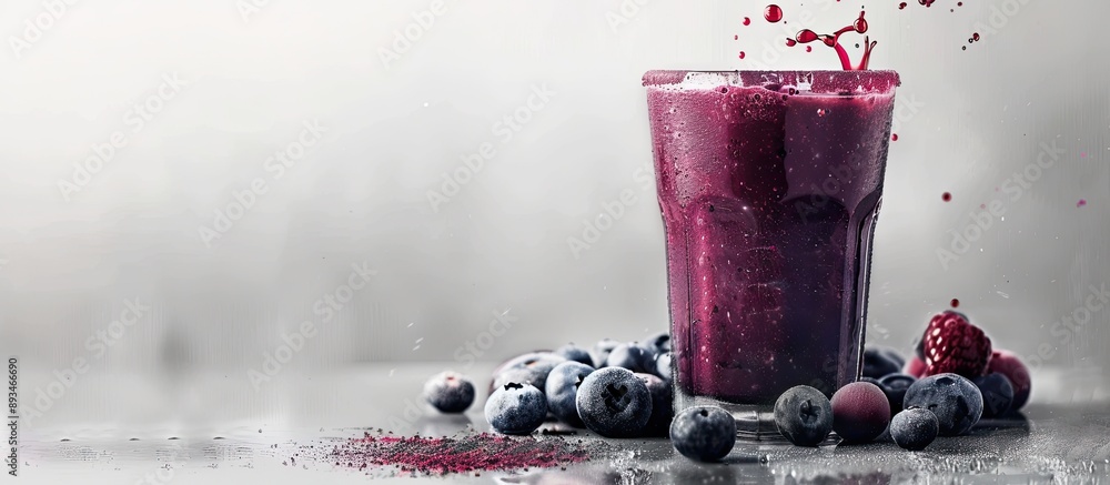 Poster Grey background with a blueberry smoothie in a glass, providing ample space for text in the image.