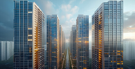 Obraz premium A modern cityscape featuring a cluster of high-end apartment buildings. The buildings tall and sleek, with multiple floors, a contemporary design with clean lines and sophisticated finishes.
