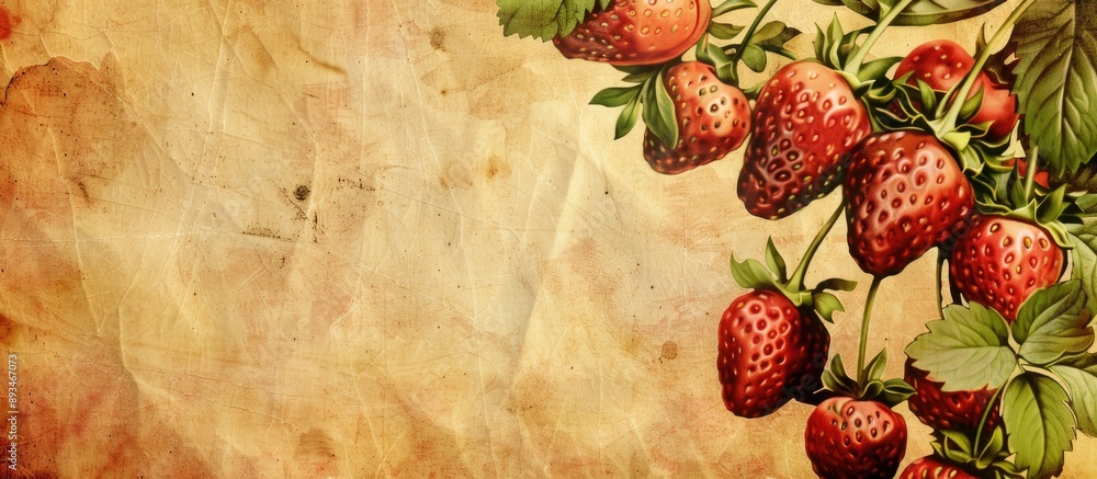 Poster old-fashioned paper textures featuring strawberries with plenty of copy space image.