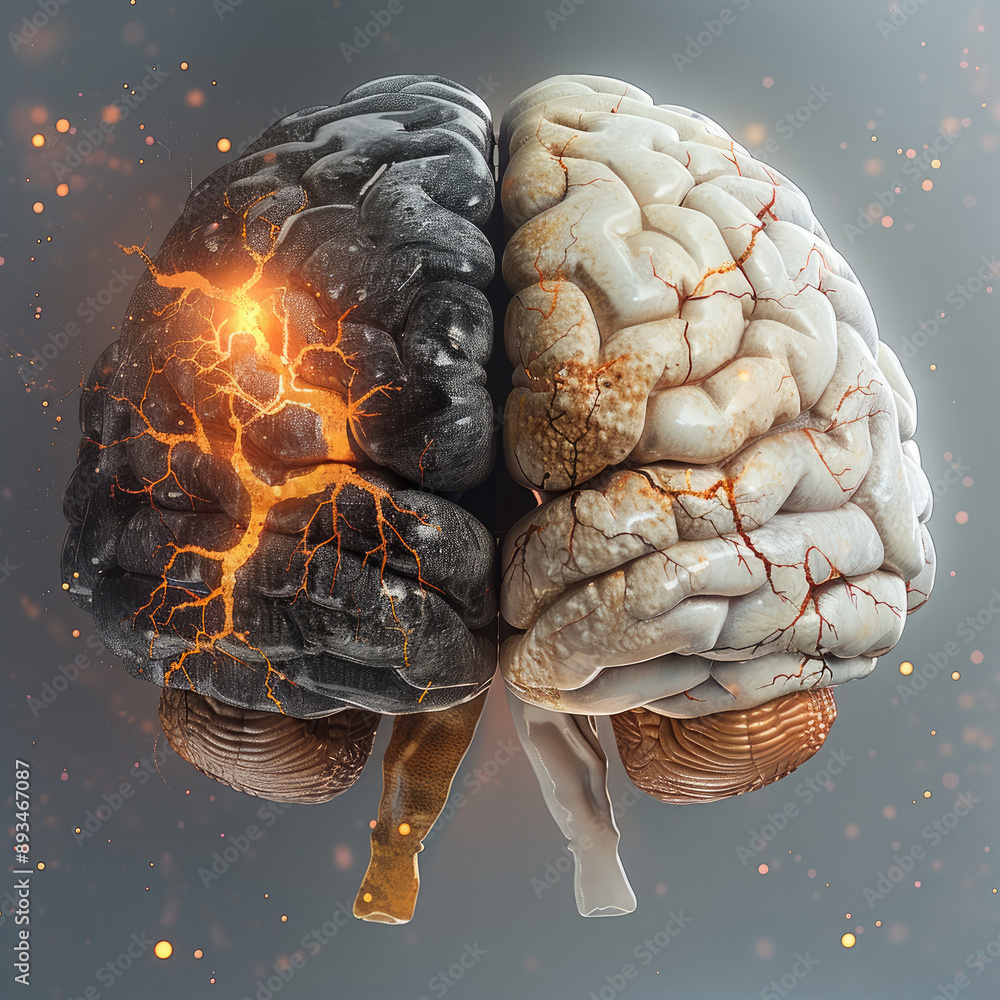 Aufkleber a bad brain that has alzheimer on the left then a great healthy brain which is better, use neurons a
