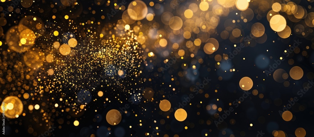 Poster Bokeh effect on black backdrop with abstract golden powder, creating a festive ambiance perfect for Christmas and New Year celebrations. Ideal for a copy space image.