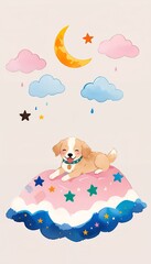 Puppy on Pink Cloud with Rainy Sky Background Fairytale watercolor-style illustrations