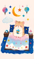 Fototapeta premium hamster in Bed with Night Sky Pillows Fairytale watercolor-style illustrations