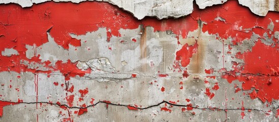 Fototapeta premium Old weathered cement wall with red paint peeling off, cracks, and a copy space image.
