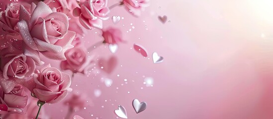 Valentine's Day-themed banner featuring pink background adorned with sparkling silver roses, exuding a feminine touch with a romantic and love-inspired concept. Ideal for copy space image.