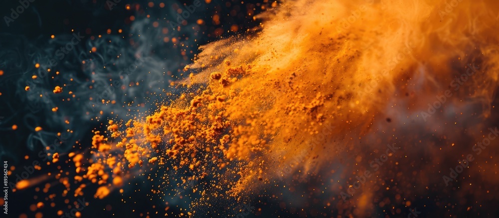 Poster an expansive brush splashes orange powder onto a dark backdrop creating a copy space image.