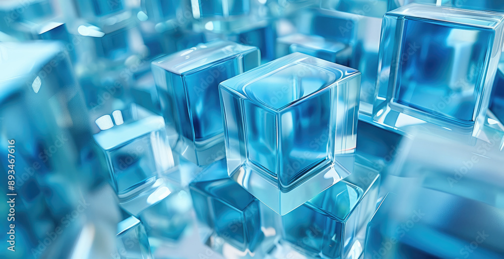 Poster 3D animation of transparent blue glass cubes arranged in an abstract composition on a white background, creating a futuristic and high-tech atmosphere. Generative AI.
