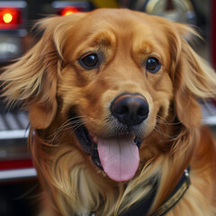 a dog on the background of a fire truck