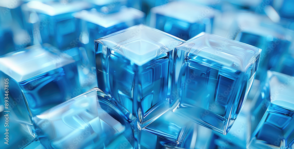 Poster 3D animation of transparent blue glass cubes arranged in an abstract composition on a white background, creating a futuristic and high-tech atmosphere. Generative AI.