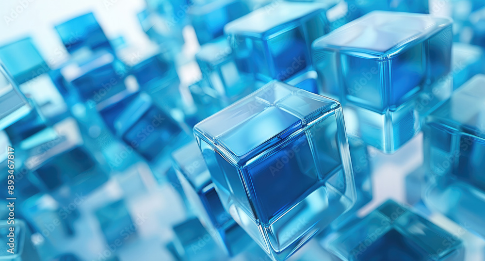 Poster 3D animation of transparent blue glass cubes arranged in an abstract composition on a white background, creating a futuristic and high-tech atmosphere. Generative AI.
