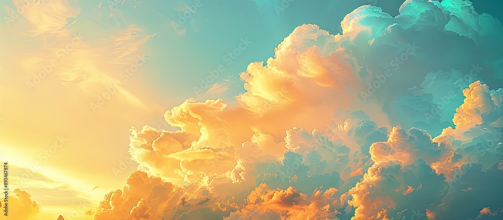 Poster scenic golden clouds on a blue sky at sunset create a beautiful nature background and a wonderful ev