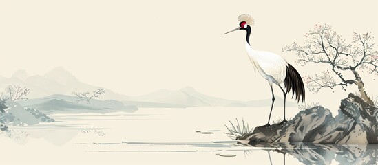 Fototapeta premium Red-crowned crane by the water's edge with copy space image.