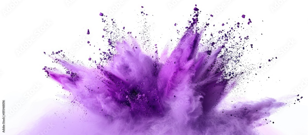 Poster Capture the dynamic explosion of purple color powder on a white background in a stunning copy space image.