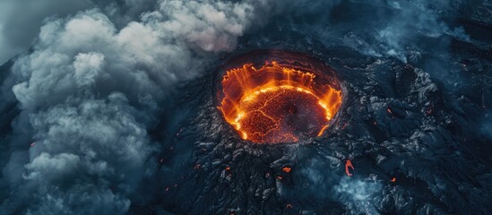 Drone captures a dark active volcano with ash viewed from above, displaying volcanic stones.