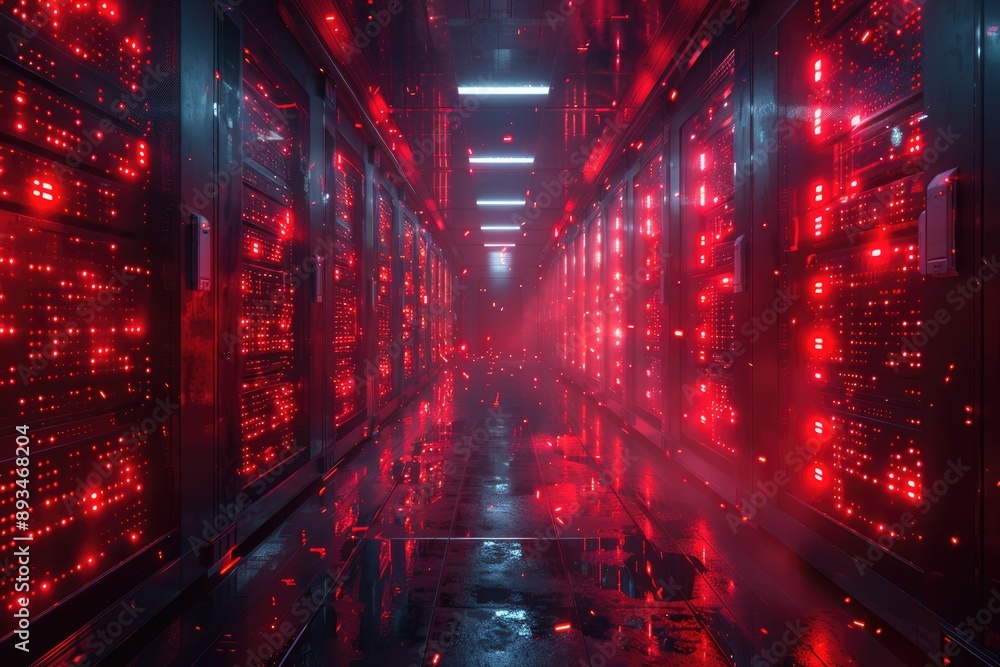 Poster atmospheric shot of a futuristic data center. rows of servers with red lights create a high-tech, cy