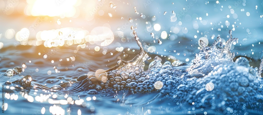 Poster water surface with splashes and bubbles, featuring a blurred blue background in sunlight, ideal for 