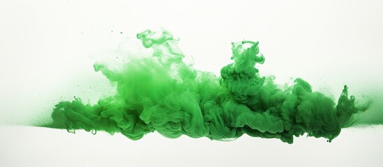 Green powder cloud design on white backdrop with copy space image.
