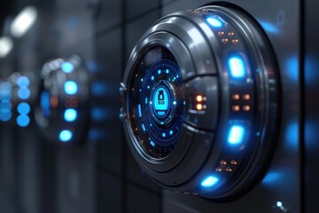Close-up of a futuristic data security concept with a glowing digital lock in a high-tech environment.