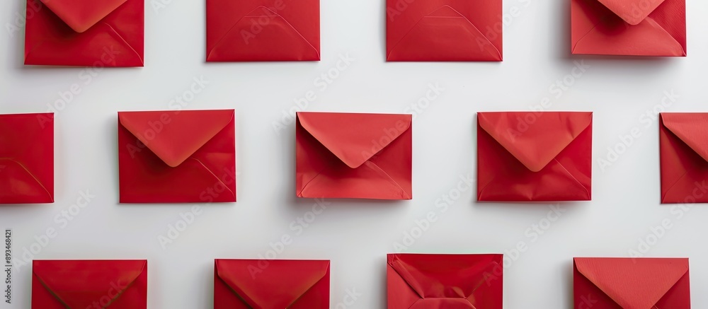 Fototapete Overhead shot of red envelopes on white backdrop with space for text or images. Ideal for messages or branding.